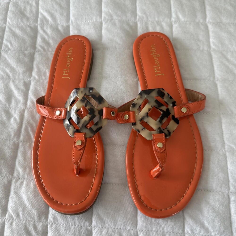 J McLaughlin Sandals Womens 6 Orange Lucy Patent Leather Tortoise Medallion
